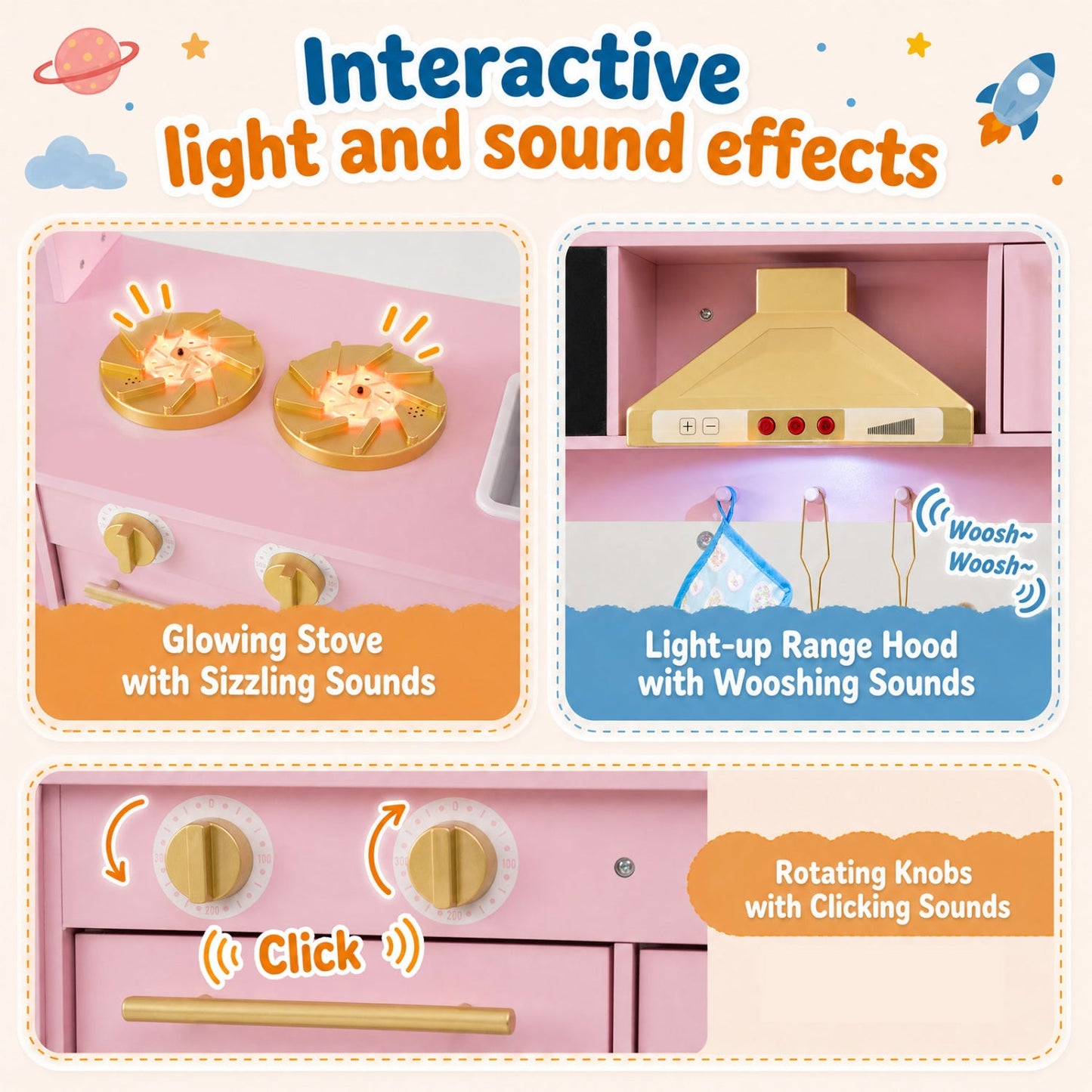 Wooden Play Kitchen with Lights & Sounds for Toddlers 3+