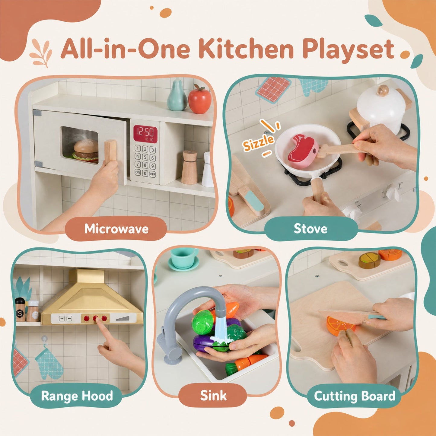 Wooden Play Kitchen Set with Lights & Sounds - White