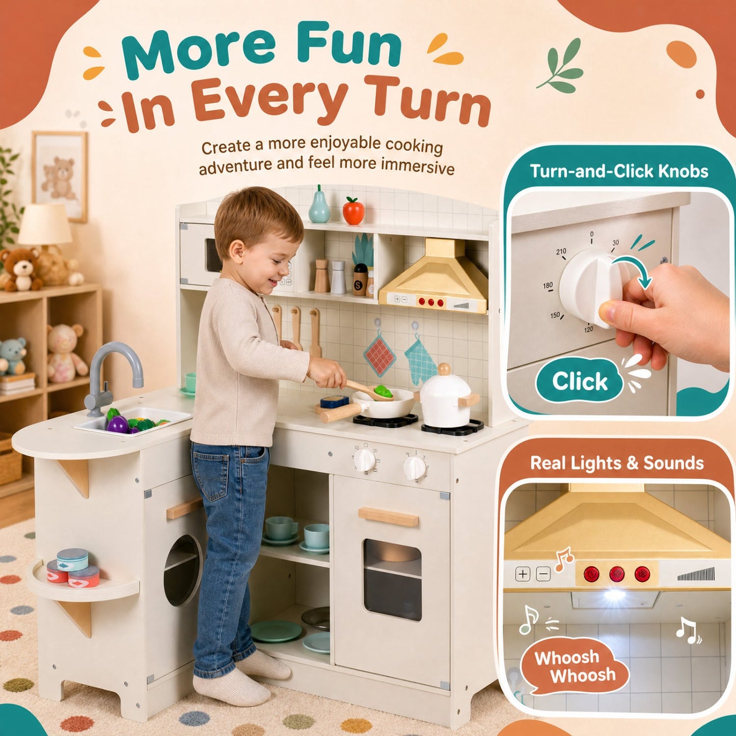 Wooden Play Kitchen Set with Lights & Sounds - White