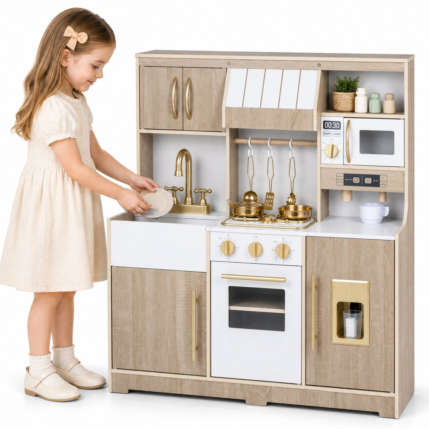 Wooden Play Kitchen Set with Lights & Sounds for Toddlers