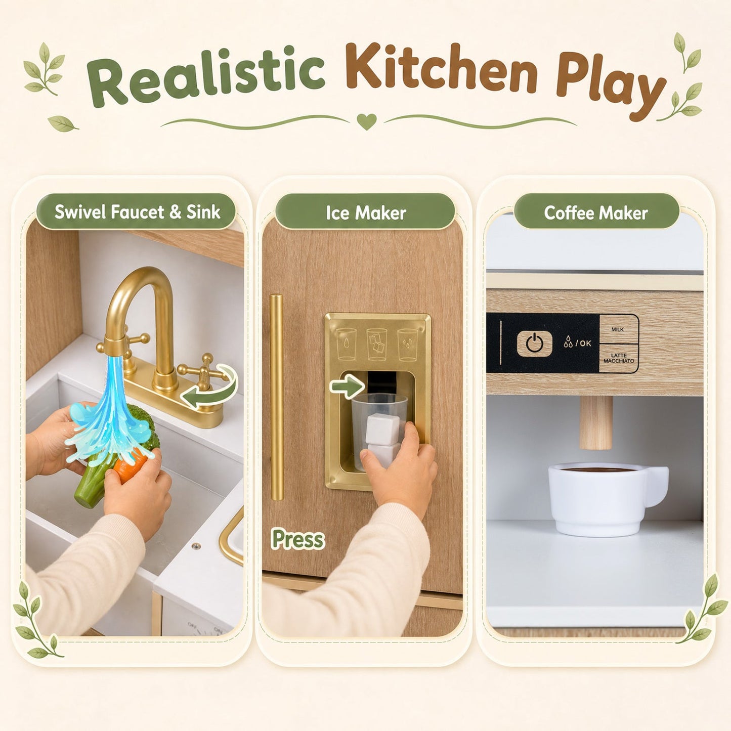 Wooden Play Kitchen Set with Lights & Sounds for Toddlers