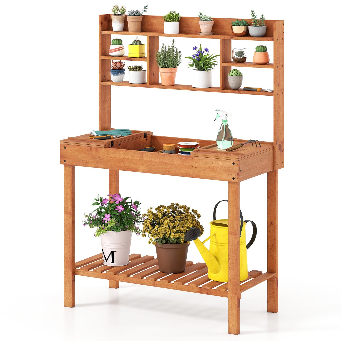Wooden Potting Bench Table 61" Garden Planting Workstation with 3-Tier Open Shelf-Brown