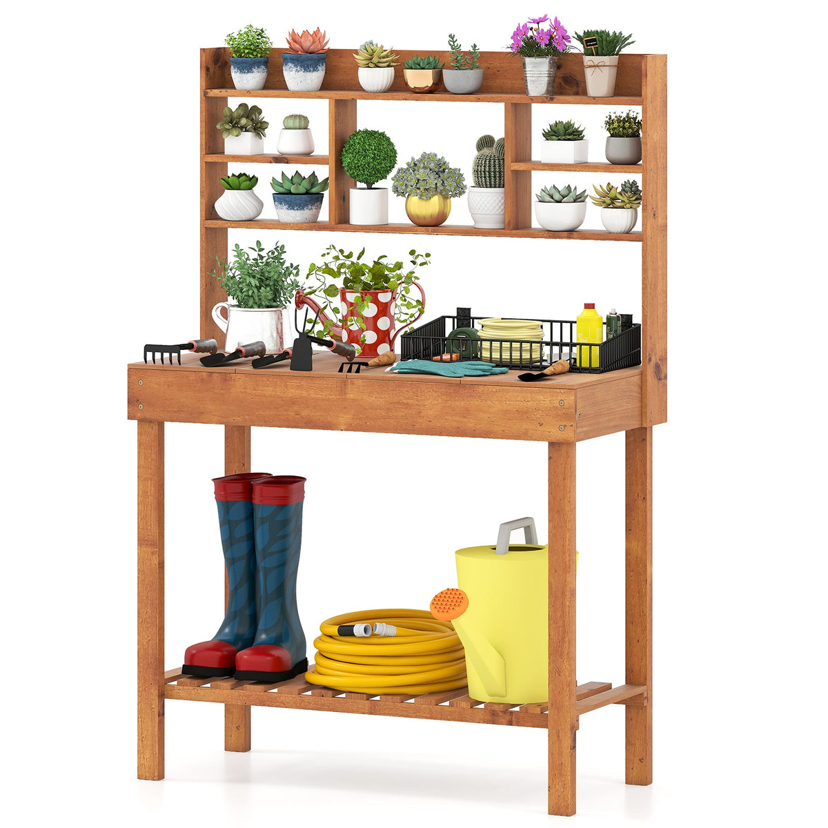 Wooden Potting Bench Table Garden Planting Workstation with 3-Tier Open Shelf