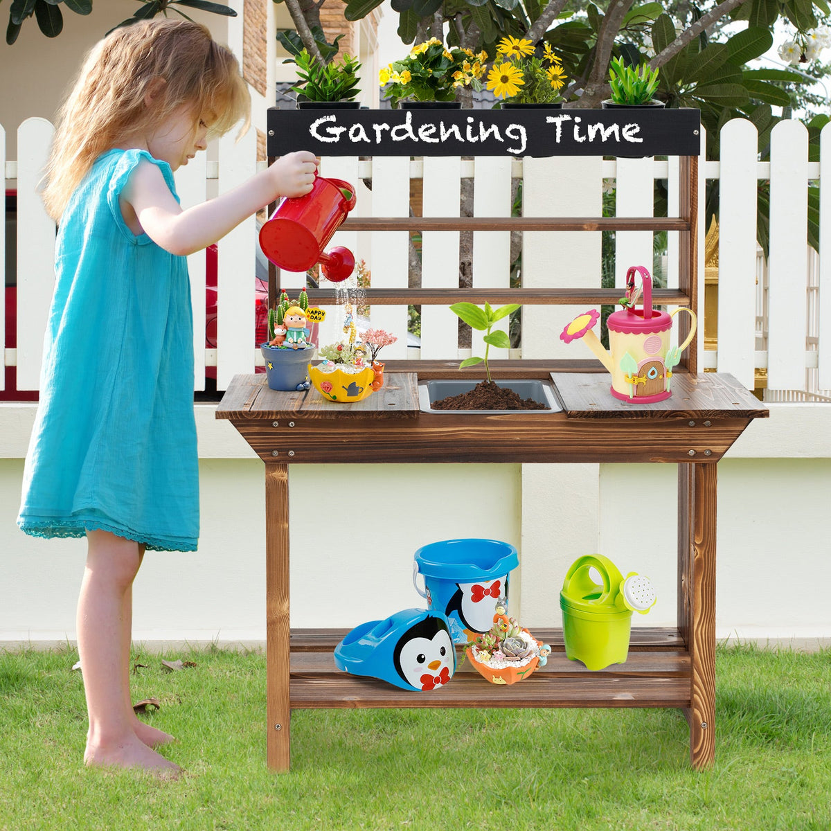Wooden Potting Bench Table Outdoor Mud Kitchen with Solid Fir Wood Frame-Natural
