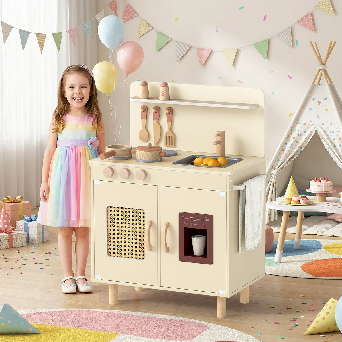 Wooden Pretend Kitchen Playset with Realistic Ice Maker
