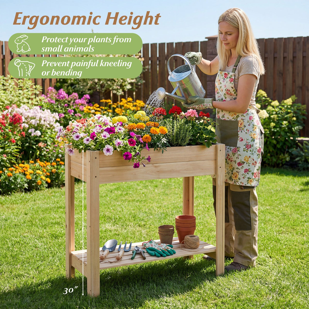 Wooden Raised Garden Bed with Legs and Storage Shelf
