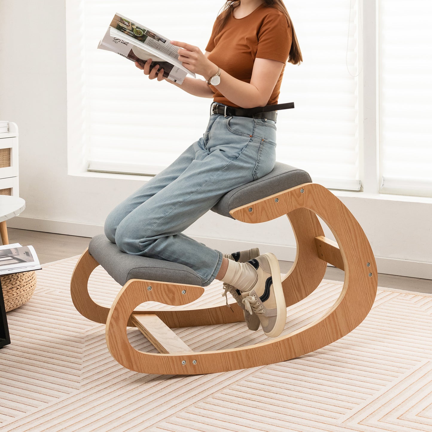 Wooden Rocking Kneeling Chair with Padded Cushions