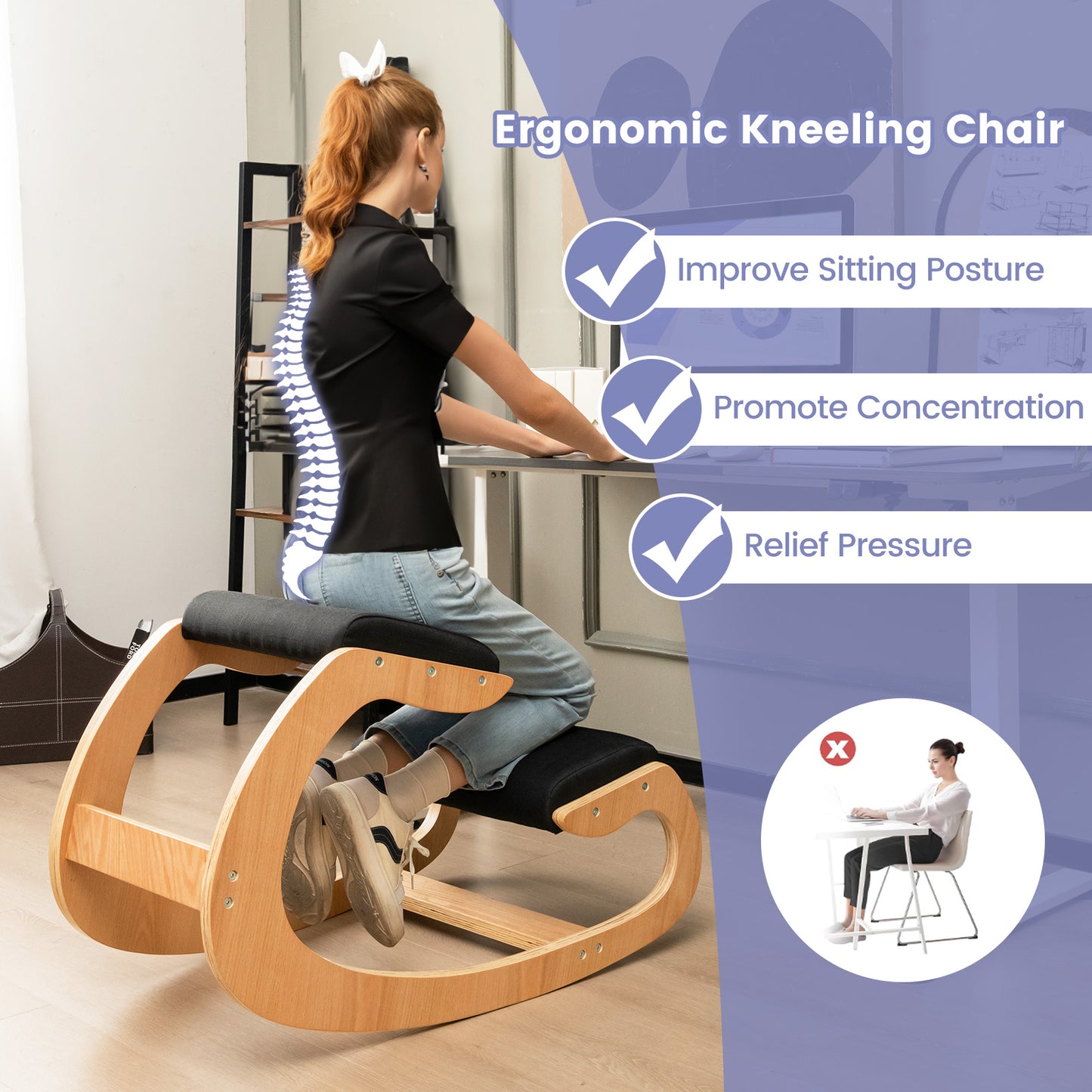 Wooden Rocking Kneeling Chair with Padded Cushions