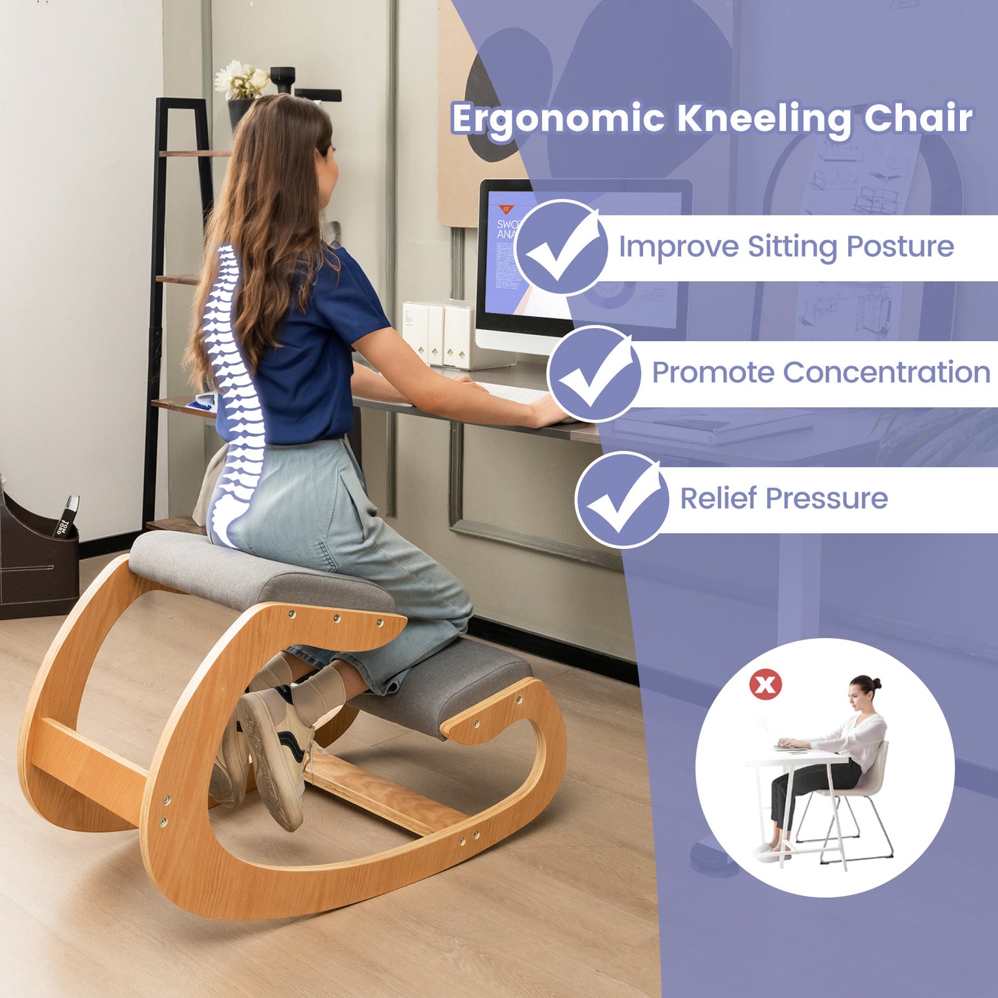 Wooden Rocking Kneeling Chair with Padded Cushions