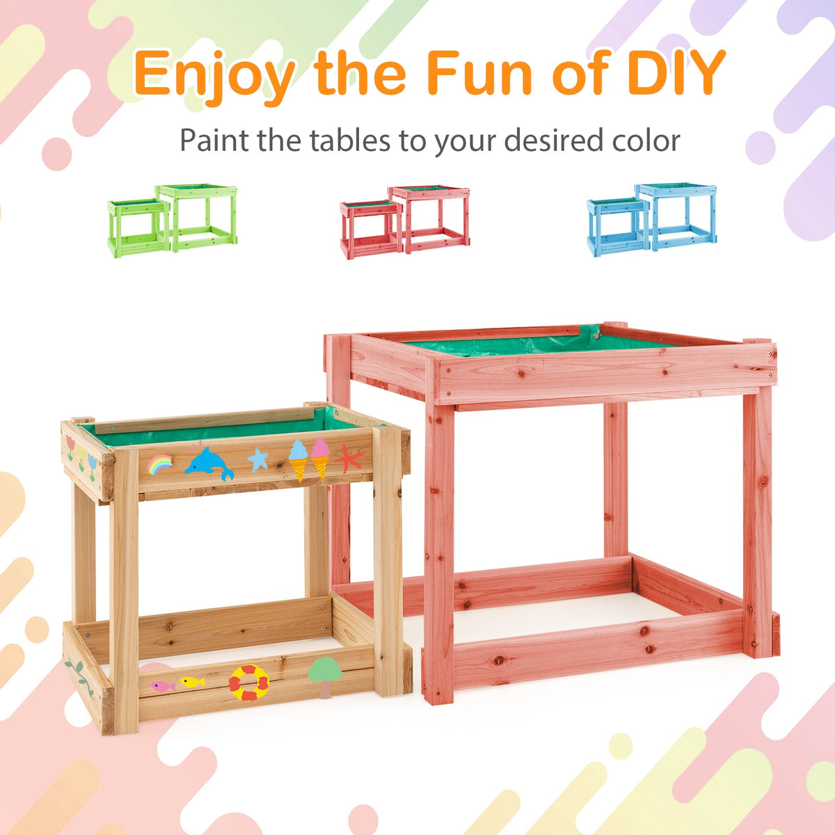 Wooden Sand and Water Tables with Protective Cover for Kids-Natural