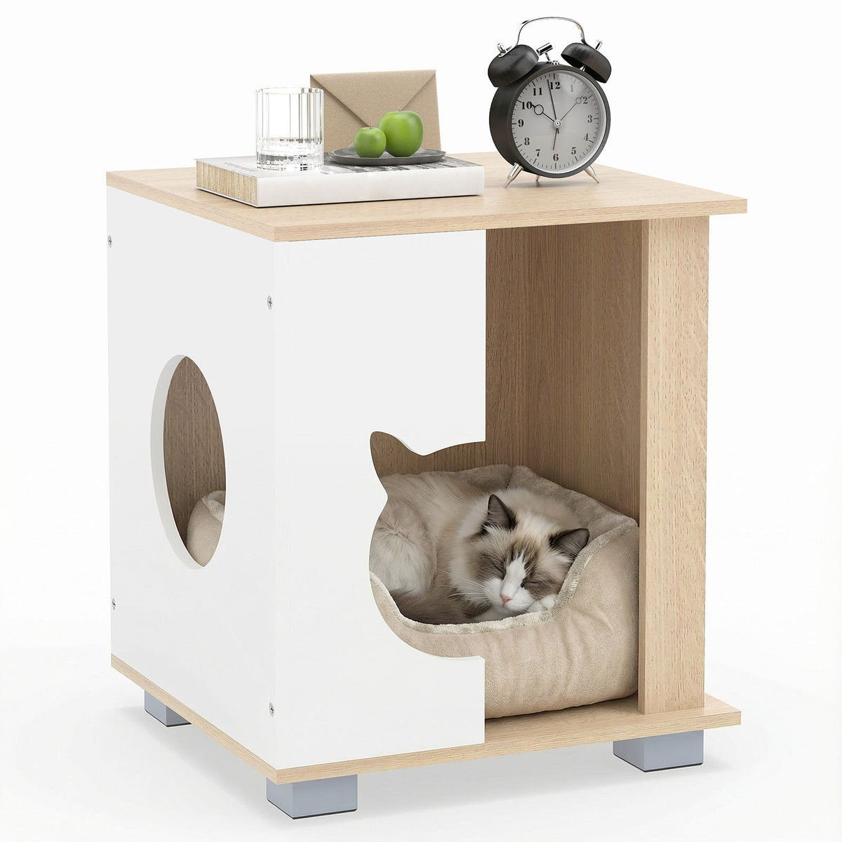 Wooden Semi-enclosed Cat Condo with Kitty Head-shaped Entry and Metal Legs-Natural