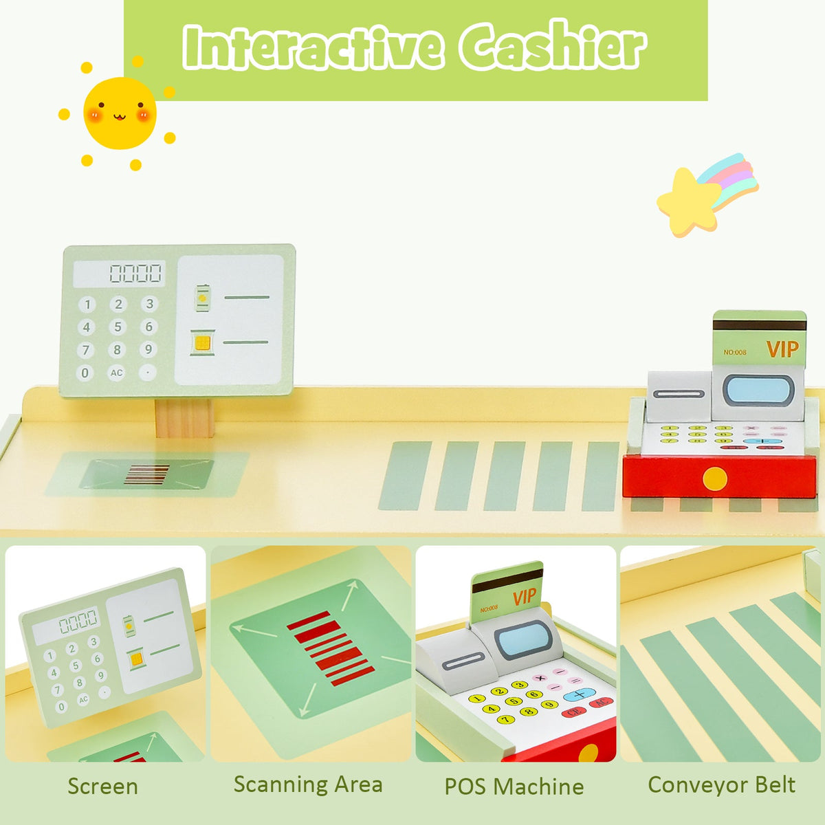 Kids Wooden Supermarket Play Toy Set with Checkout Counter