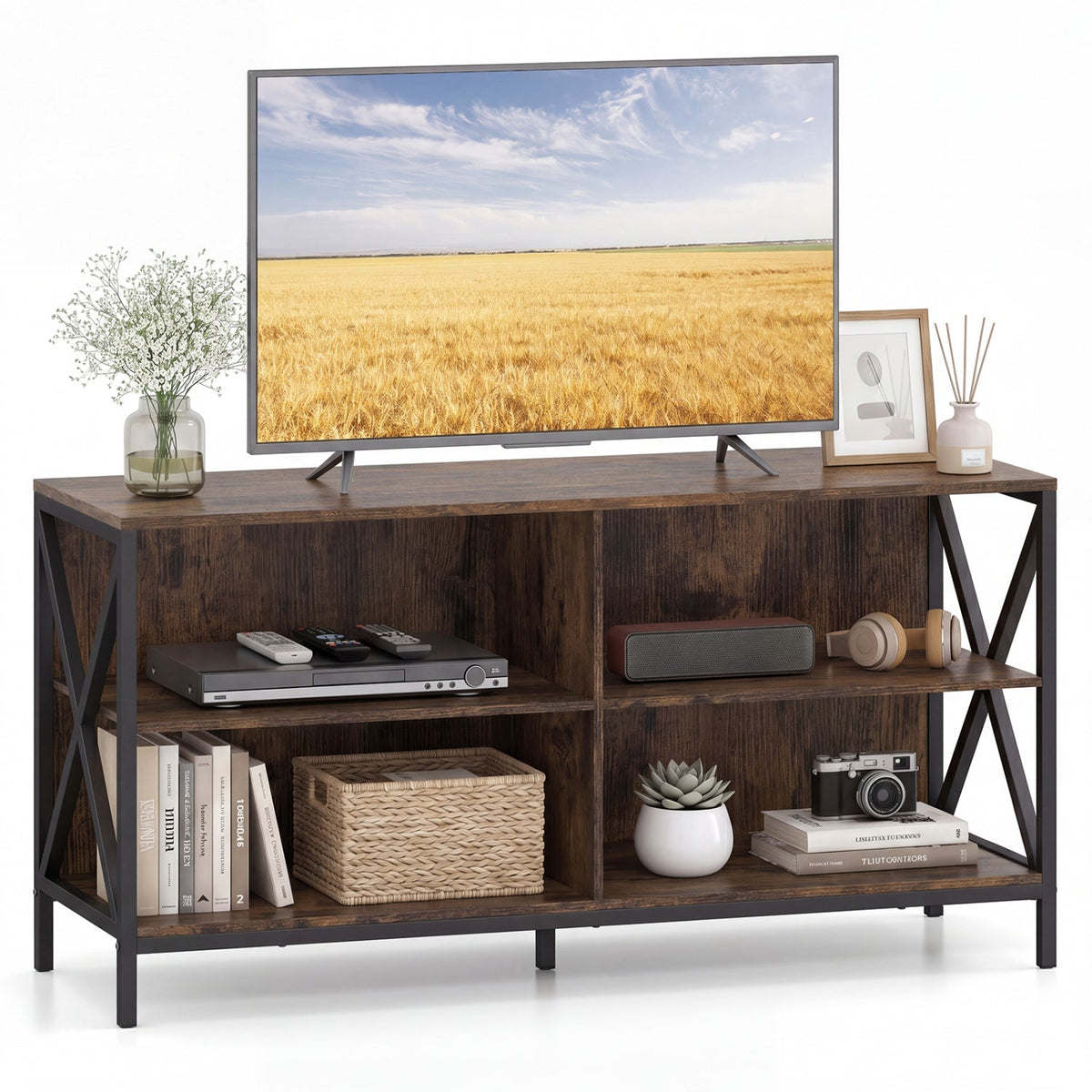 Wooden TV Stand Entertainment for TVs up to 55 Inch with X-Shaped Frame