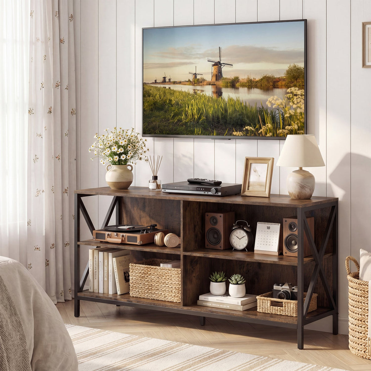 Wooden TV Stand Entertainment for TVs up to 55 Inch with X-Shaped Frame