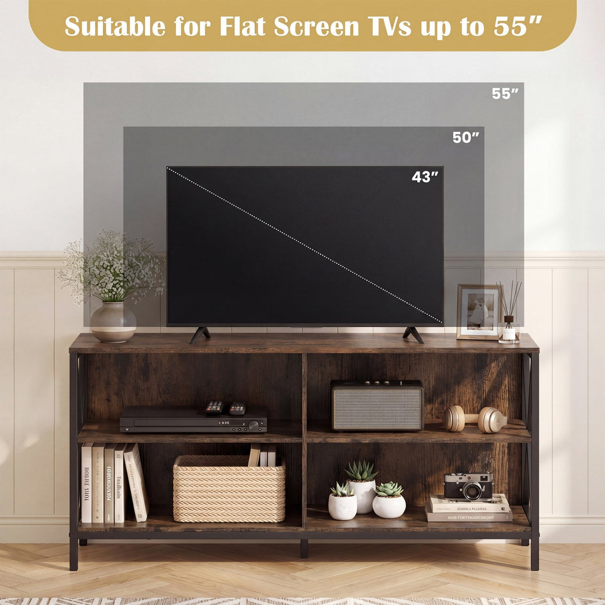 Wooden TV Stand Entertainment for TVs up to 55 Inch with X-Shaped Frame
