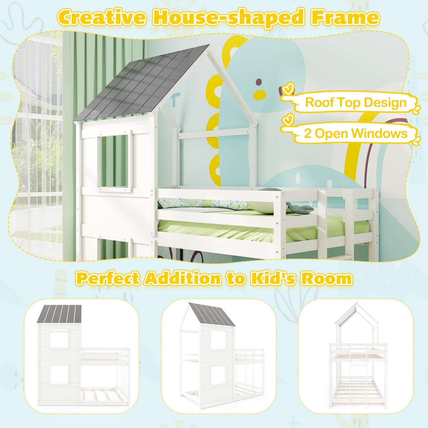 Wooden  Twin Over Twin Bunk Bed with Full-length Safety Guardrail and Ladder-White and Gray