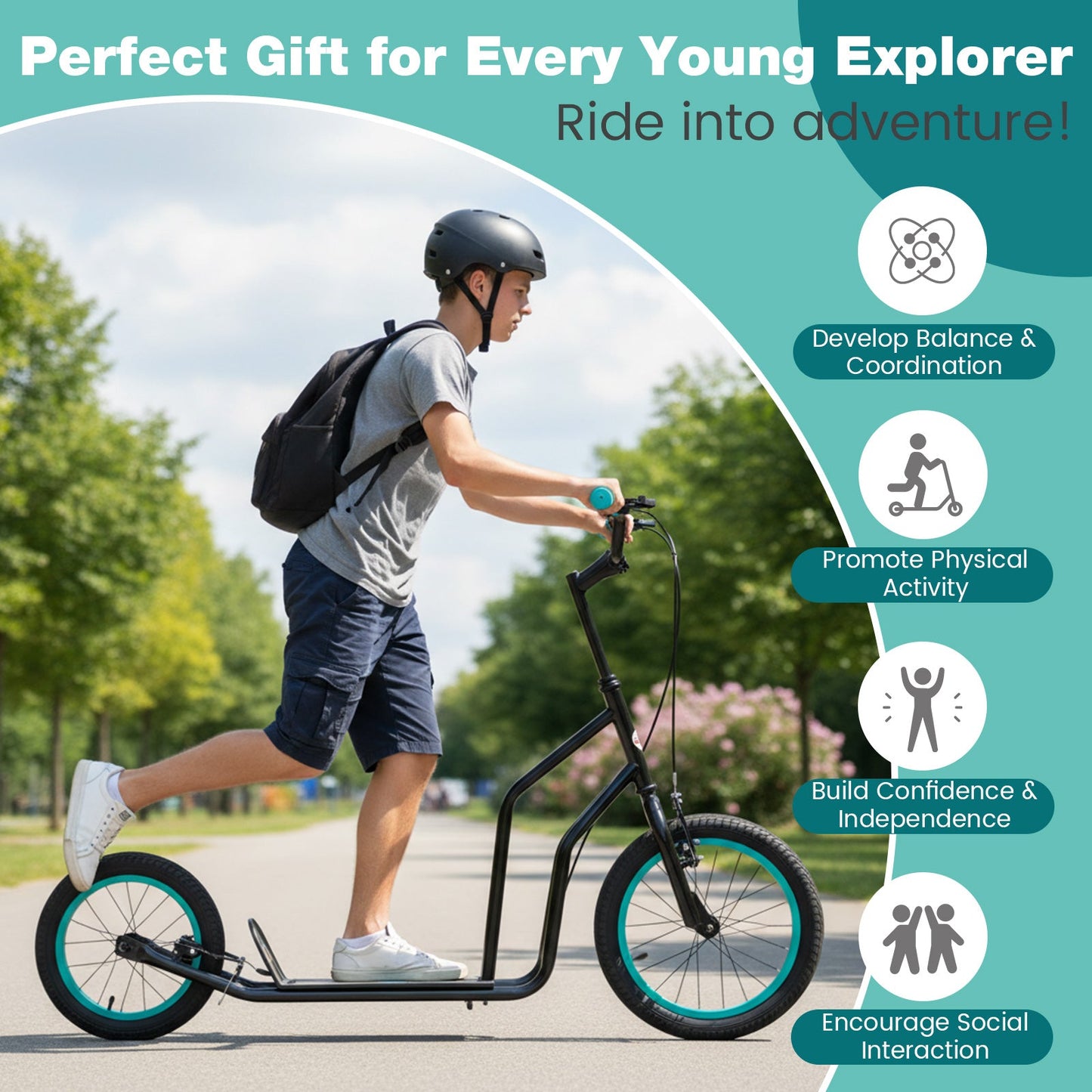 Youth Scooter with Adjustable Handlebar and 16/14-Inch Inflatable Wheels for Age 8+ Years Old