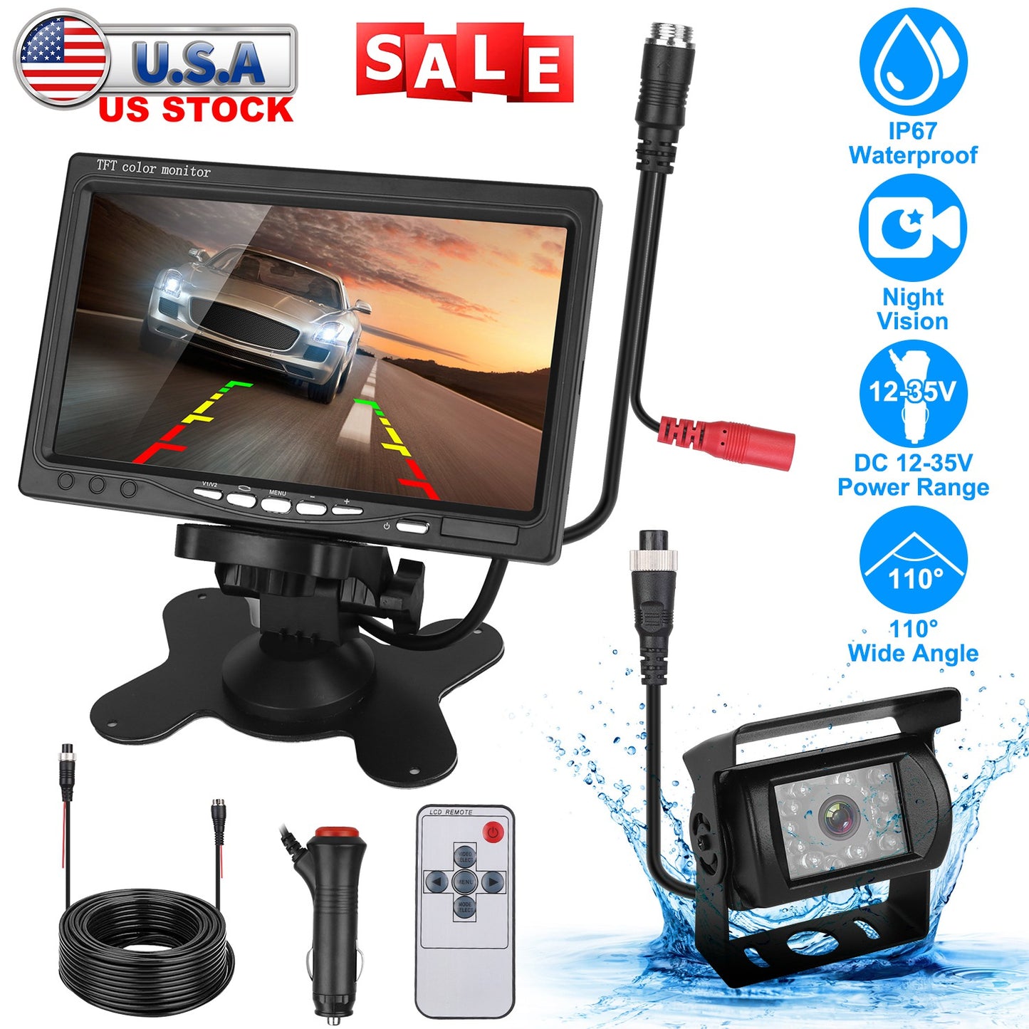 7 Inch Backup Camera System with Night Vision & IP67 Waterproof