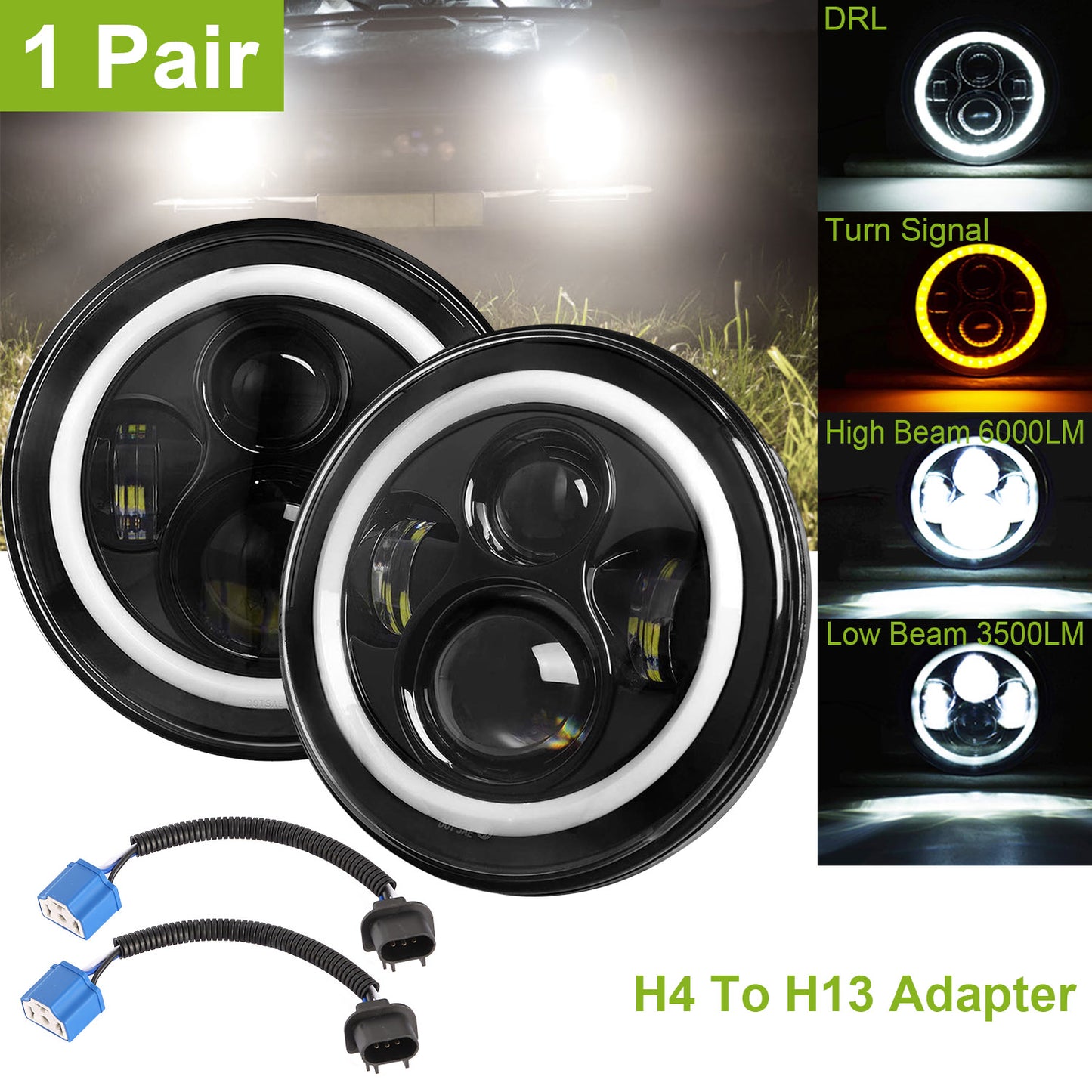 7" Round LED Headlights with Halo Angel Eyes for Jeep Wrangler