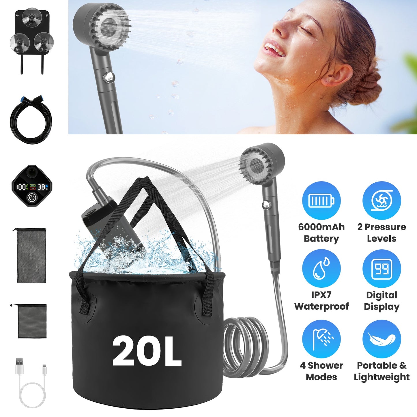 Portable Camping Shower with Rechargeable Pump & 5.3 Gallon Bucket