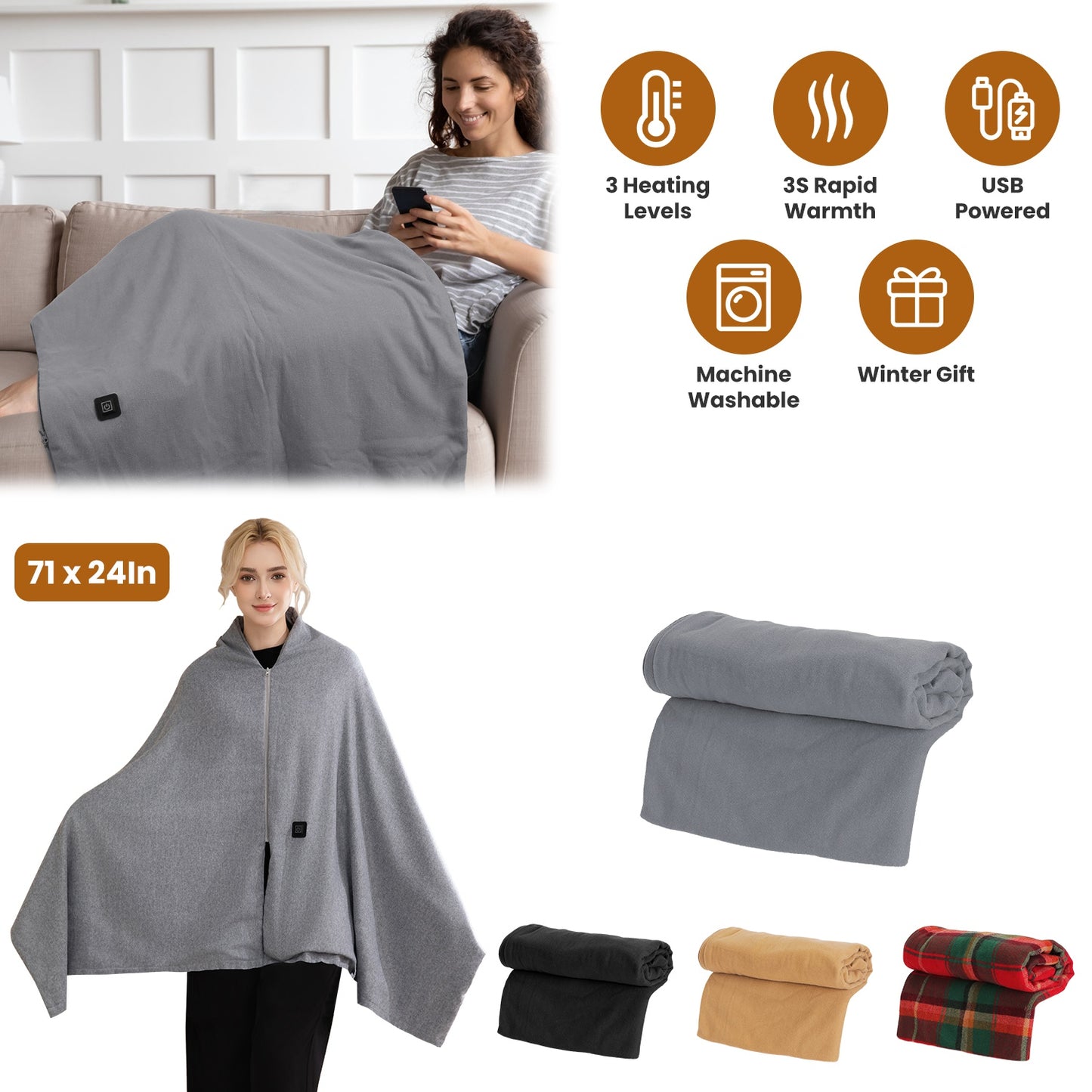 USB Heated Shawl with 3 Heat Levels and Zipper