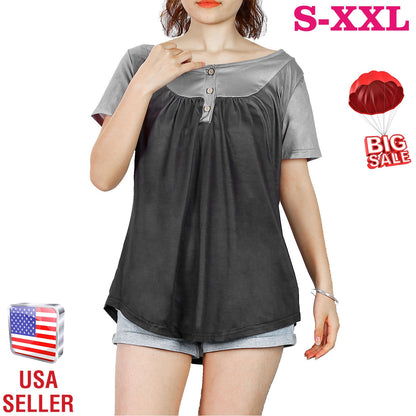 Women Summer Shirts Tops Loose Short Sleeve T Shirts Casual Floral Printed Button Shirts Blouse S-XXL