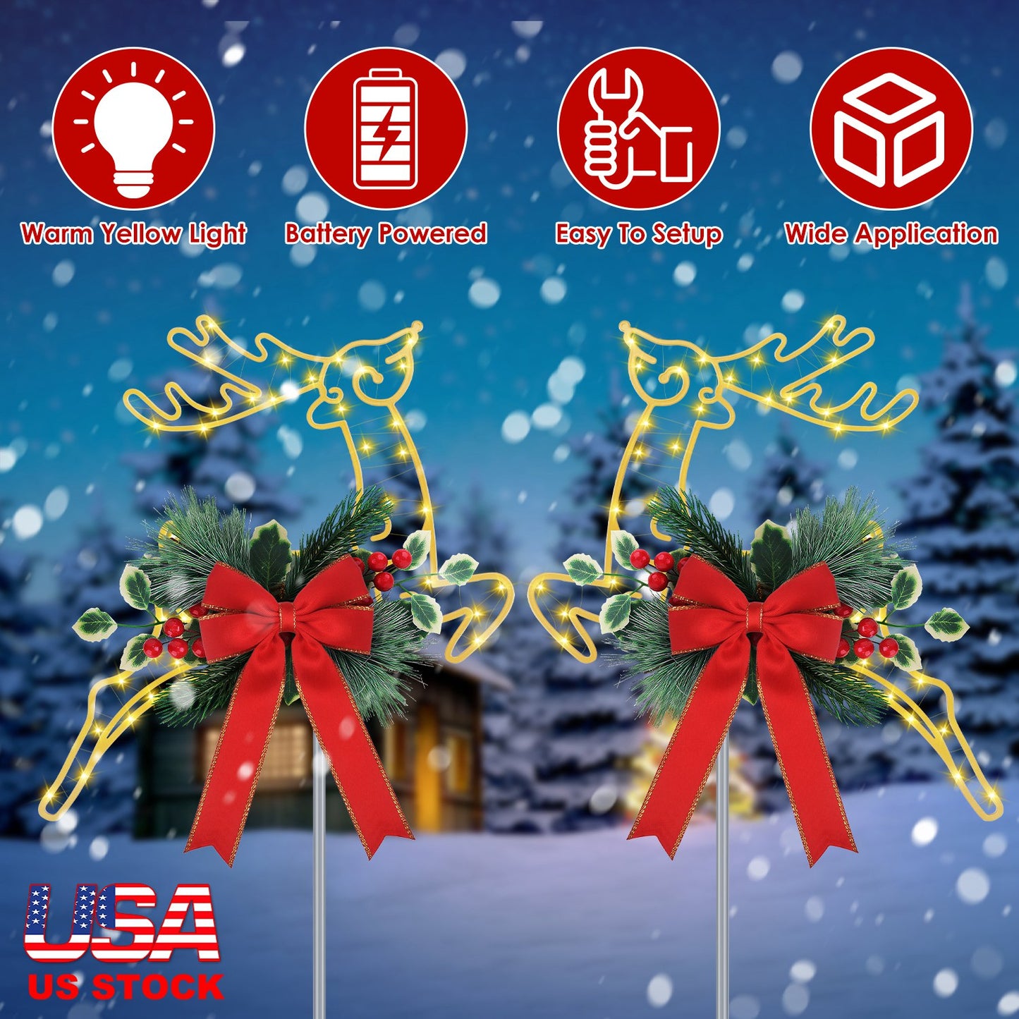 Christmas Reindeer Pathway Stake Lights with LED String (2-Pack)