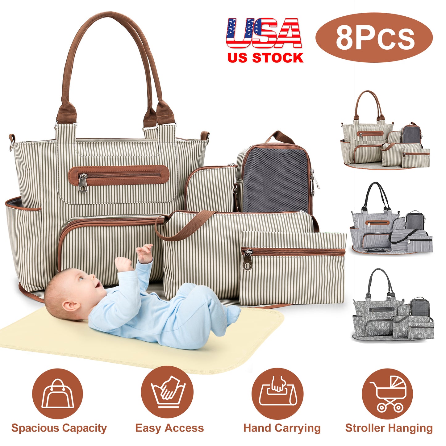 Diaper Bag Set 8-Piece with Changing Pad and Stroller Straps
