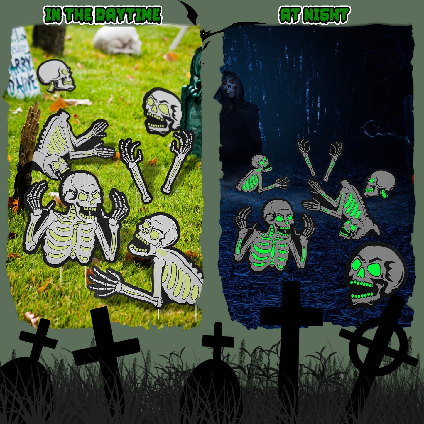 Glow in the Dark Skeleton Yard Signs 6-Piece Halloween Set
