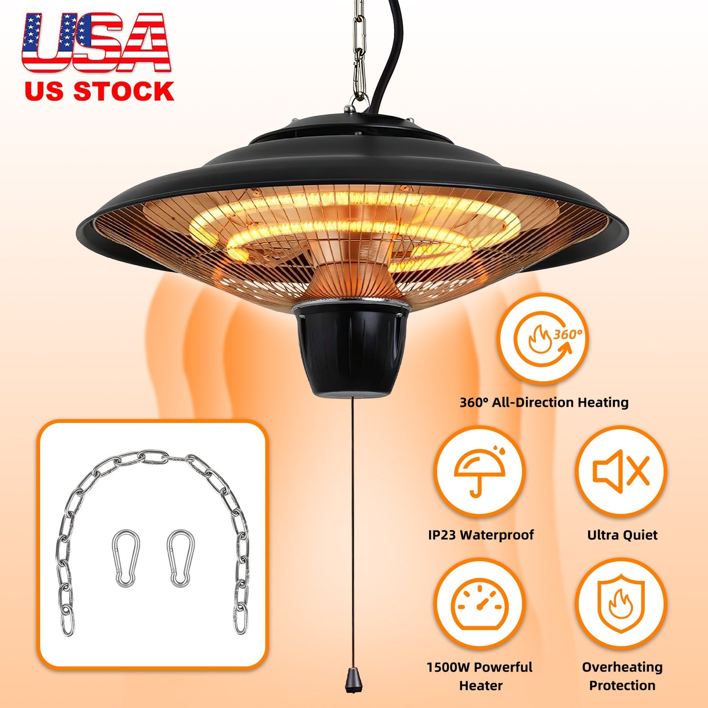 1500W Hanging Patio Heater with IP23 Waterproof & 2 Heat Levels