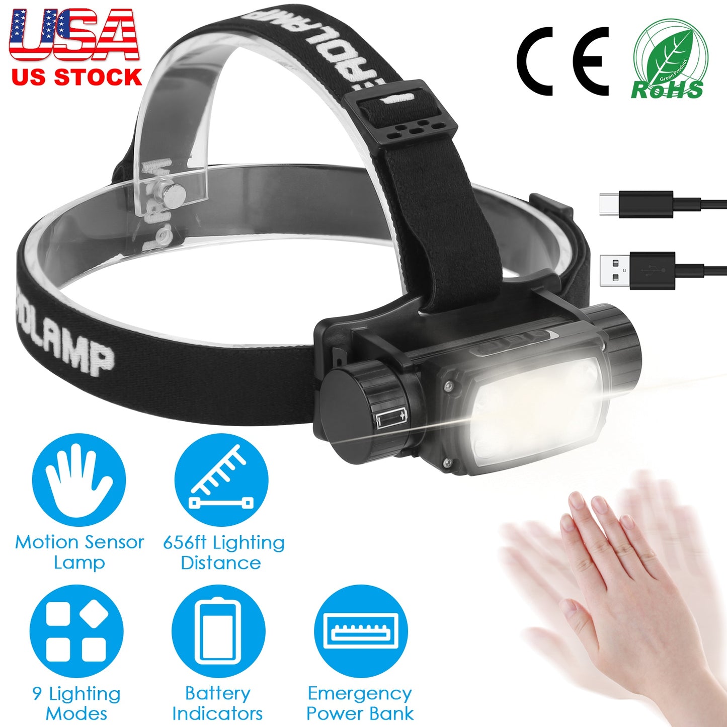 Motion Sensor Headlamp with 9 Modes & Hand Wave Control