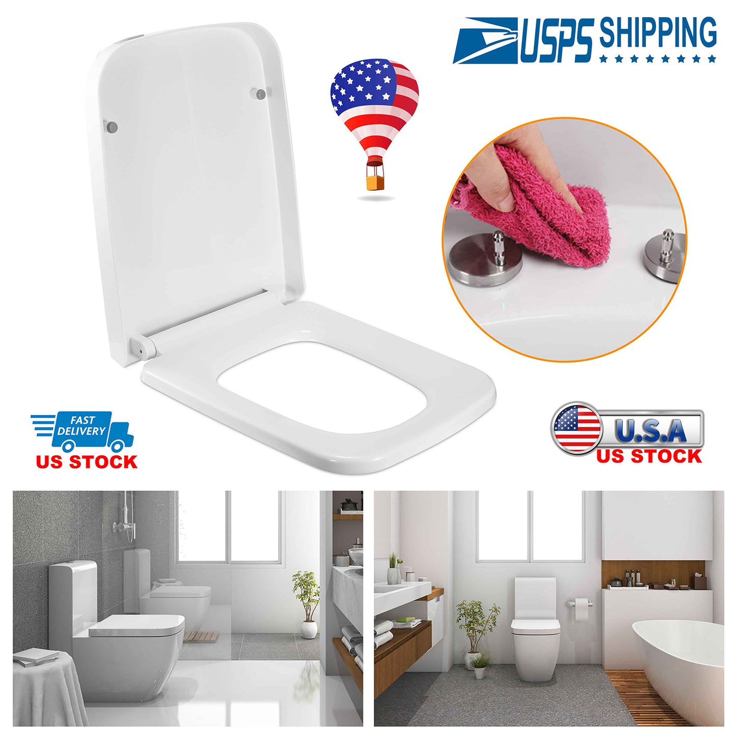 Square Toilet Seat with Quiet-Close and Quick-Release