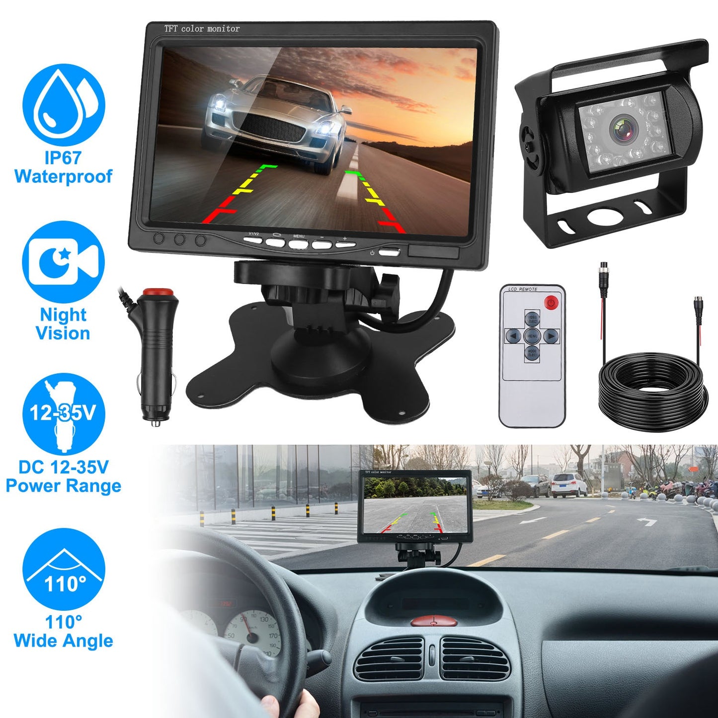 7 Inch Backup Camera System with Night Vision & IP67 Waterproof