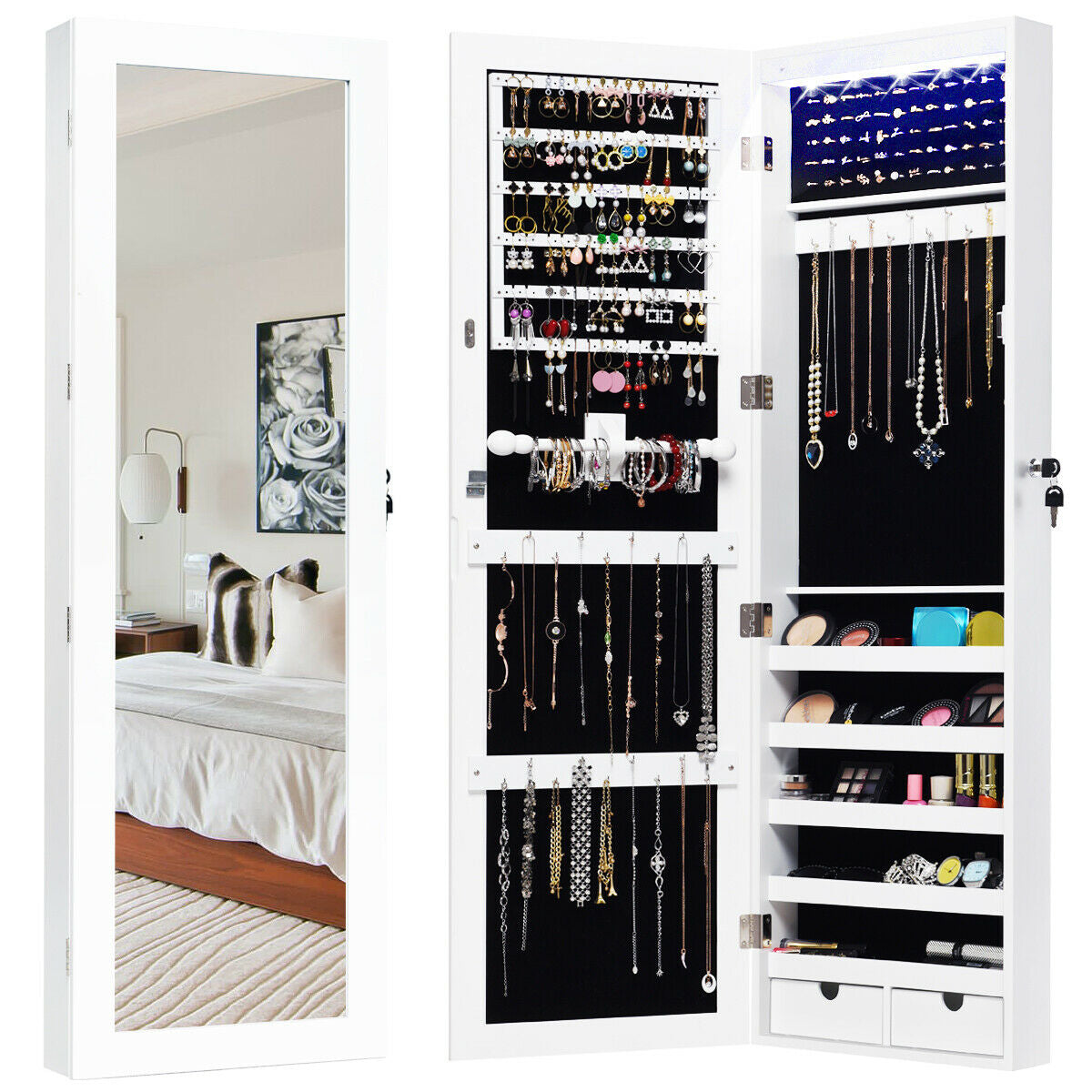 LED Mirrored Jewelry Cabinet with Lock - Door/Wall Mount
