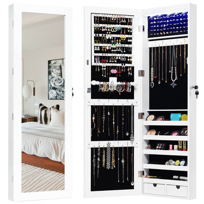 LED Mirrored Jewelry Cabinet with Lock - Door/Wall Mount