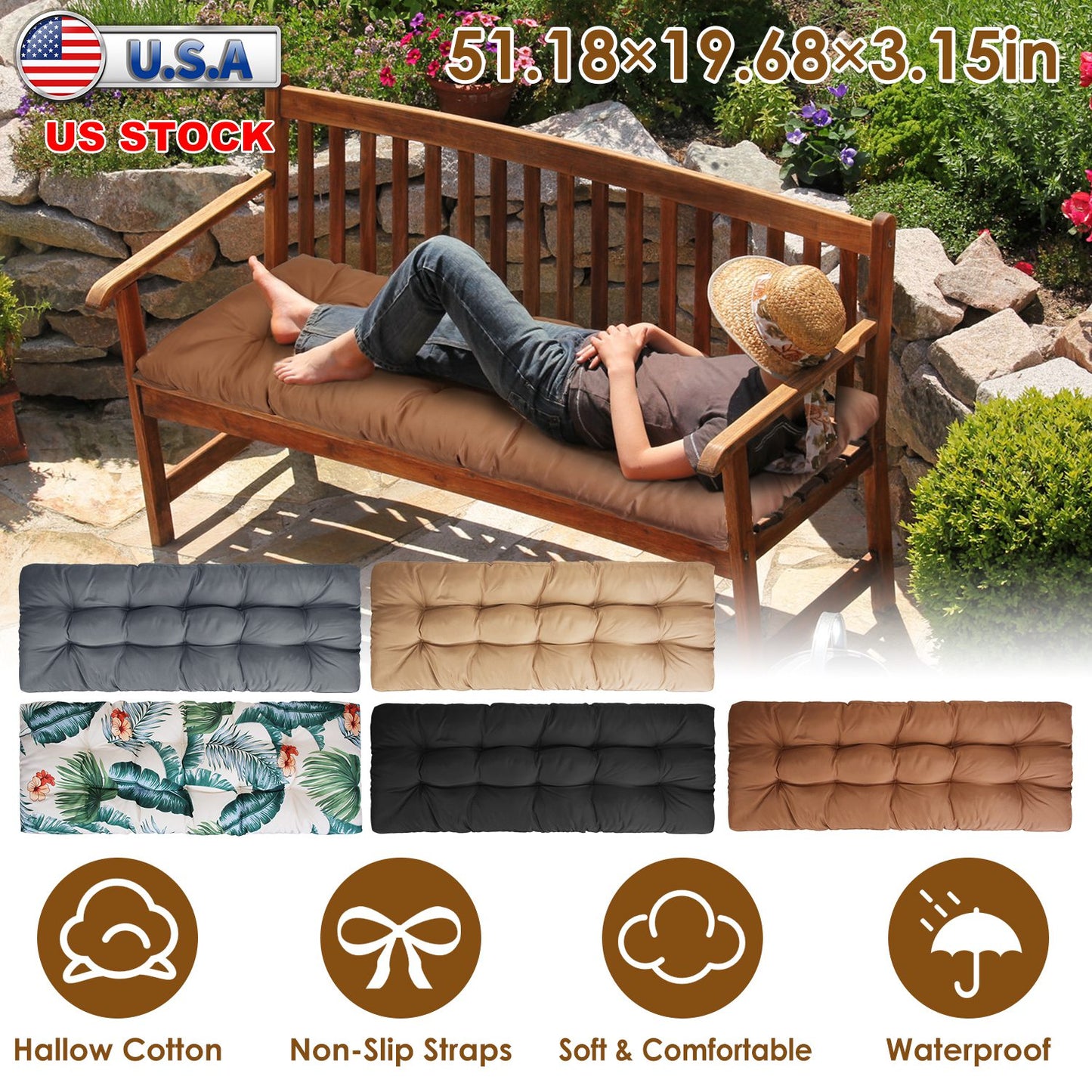 Bench Seat Cushion 51x20in Waterproof with Ties for Outdoor