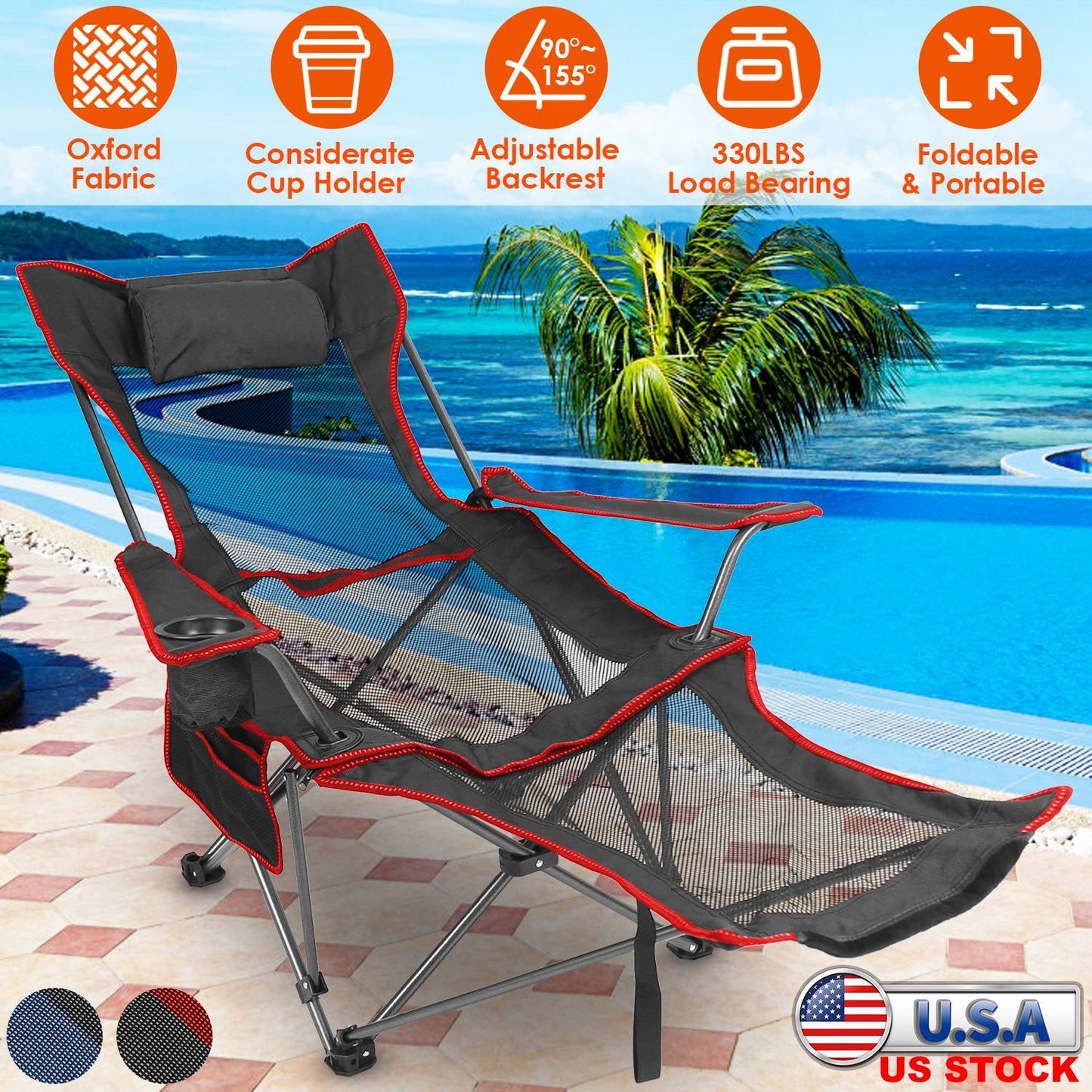 Foldable Camping Chair with Reclining Backrest - 330 LBS Capacity