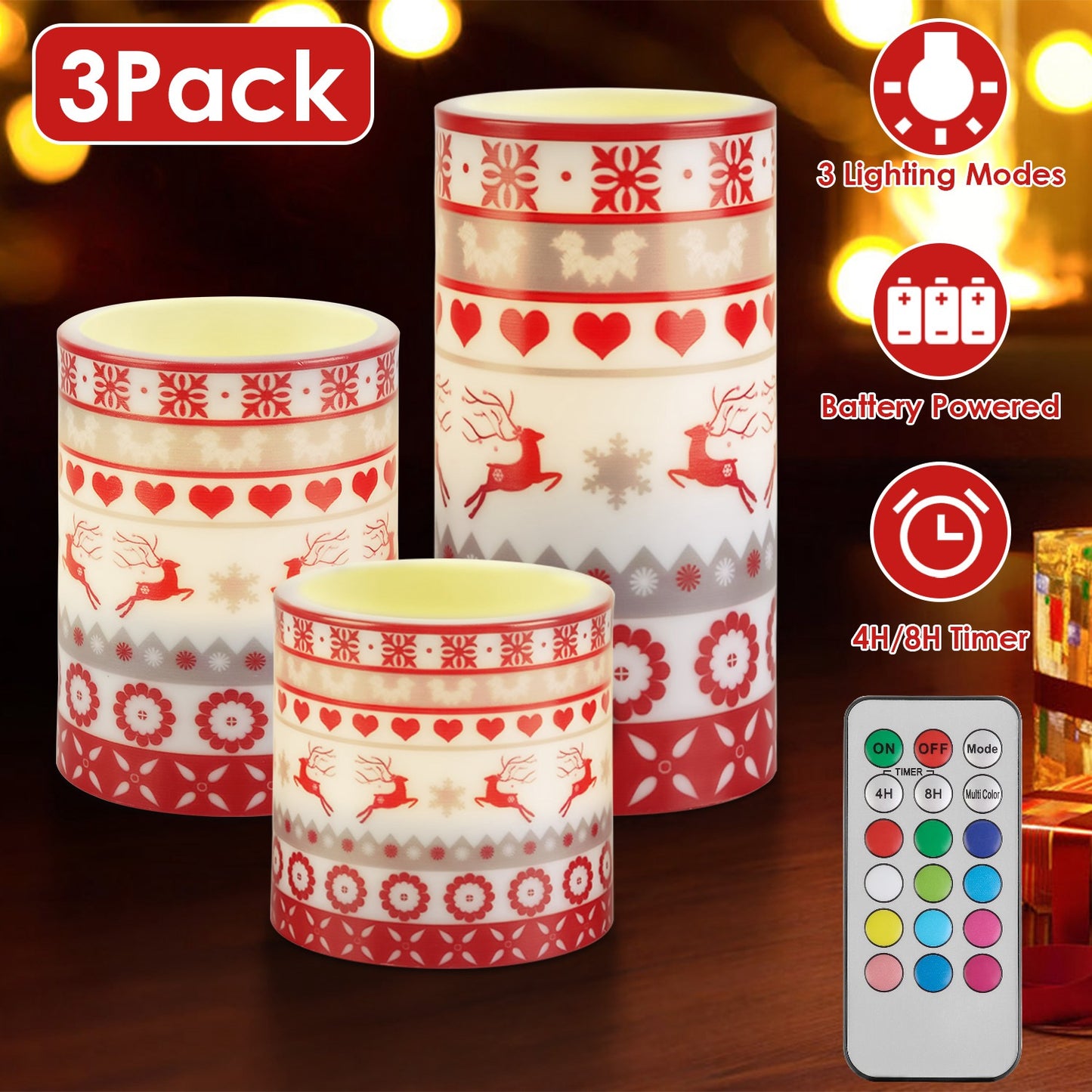 Flameless LED Candles 3-Pack with Remote & Timer - Christmas Deer