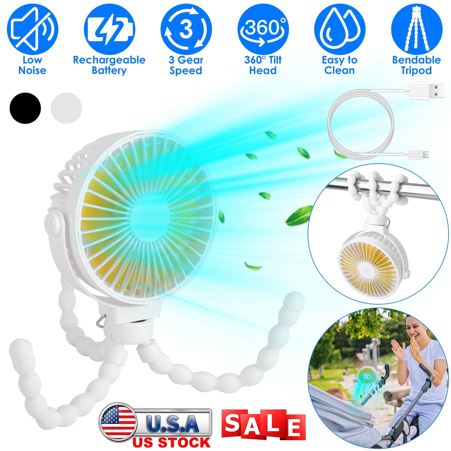 Portable Stroller Fan with Flexible Tripod & Rechargeable Battery