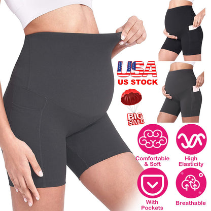 Women Maternity Shorts Seamless Pregnancy Underwear Shapewear Fitness Yoga Running Shorts High Waist Over The Belly Pants with Two Side Pockets