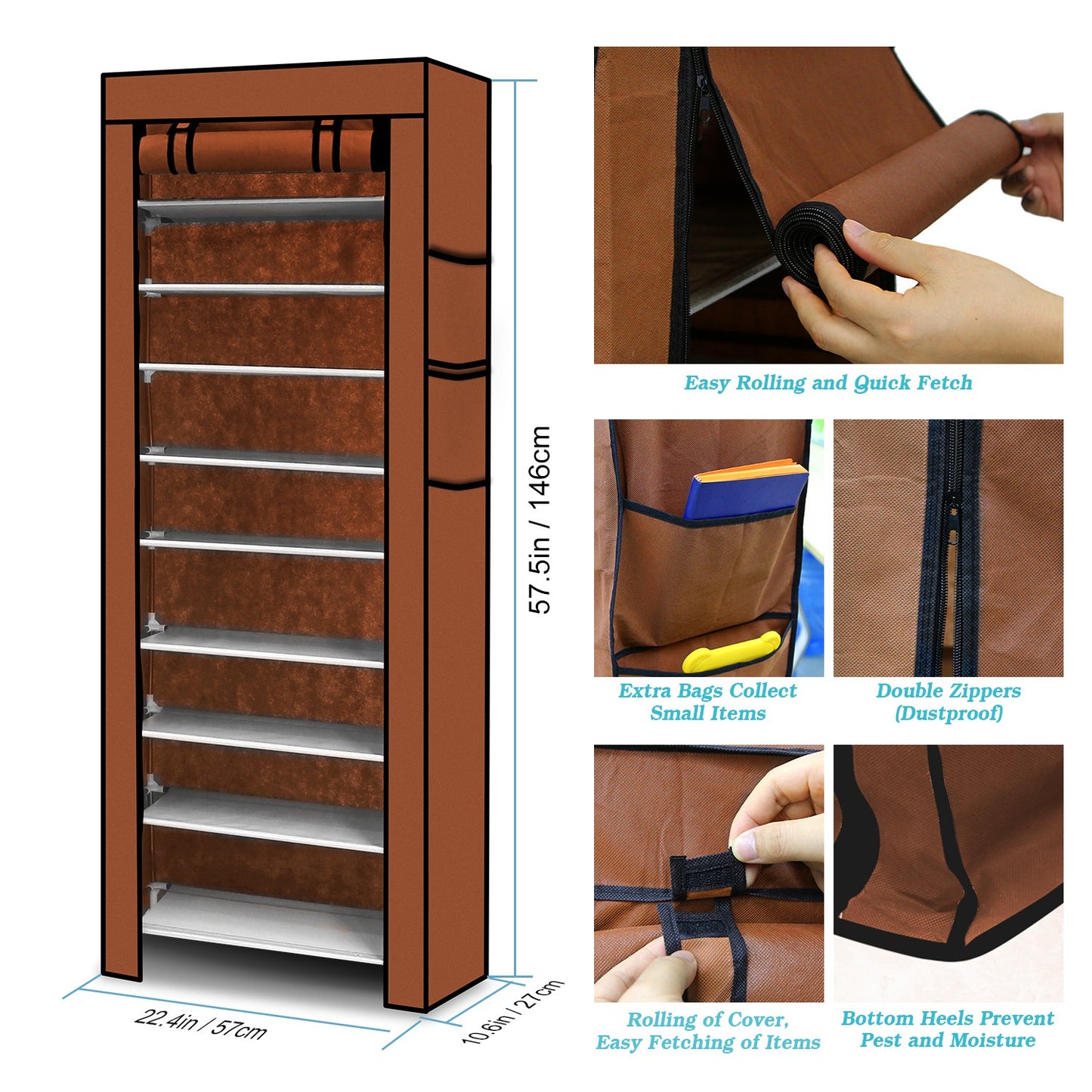 10-Tier Shoe Rack with Dustproof Cover - Holds 27 Pairs