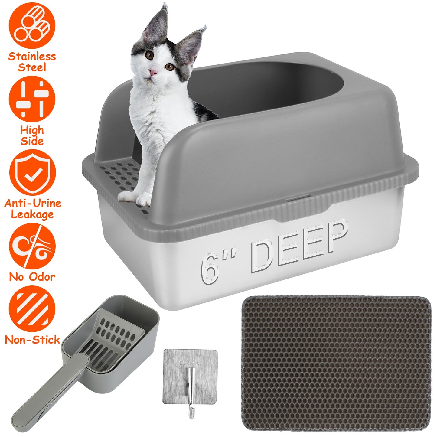 Enclosed Stainless Steel Cat Litter Box with Lid - Large