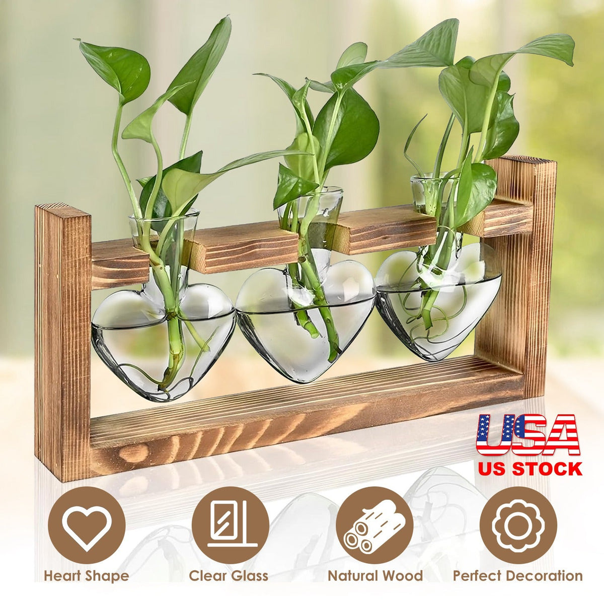 Plant Terrarium Propagation Station with 3 Heart Shaped Vases Wooden Stand Desktop Air Planter Bulb Glass Vase for Hydroponics Home Office Decor Gift
