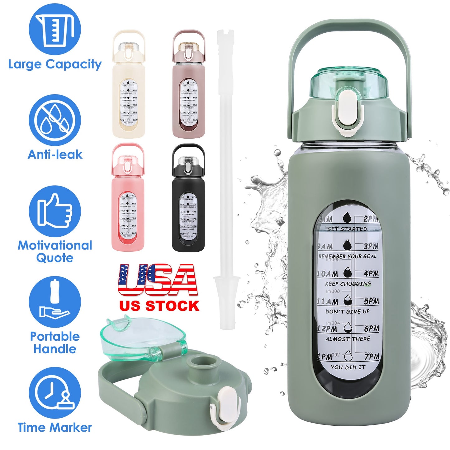 Glass Water Bottle with Time Marker & Straw - 32oz Motivational