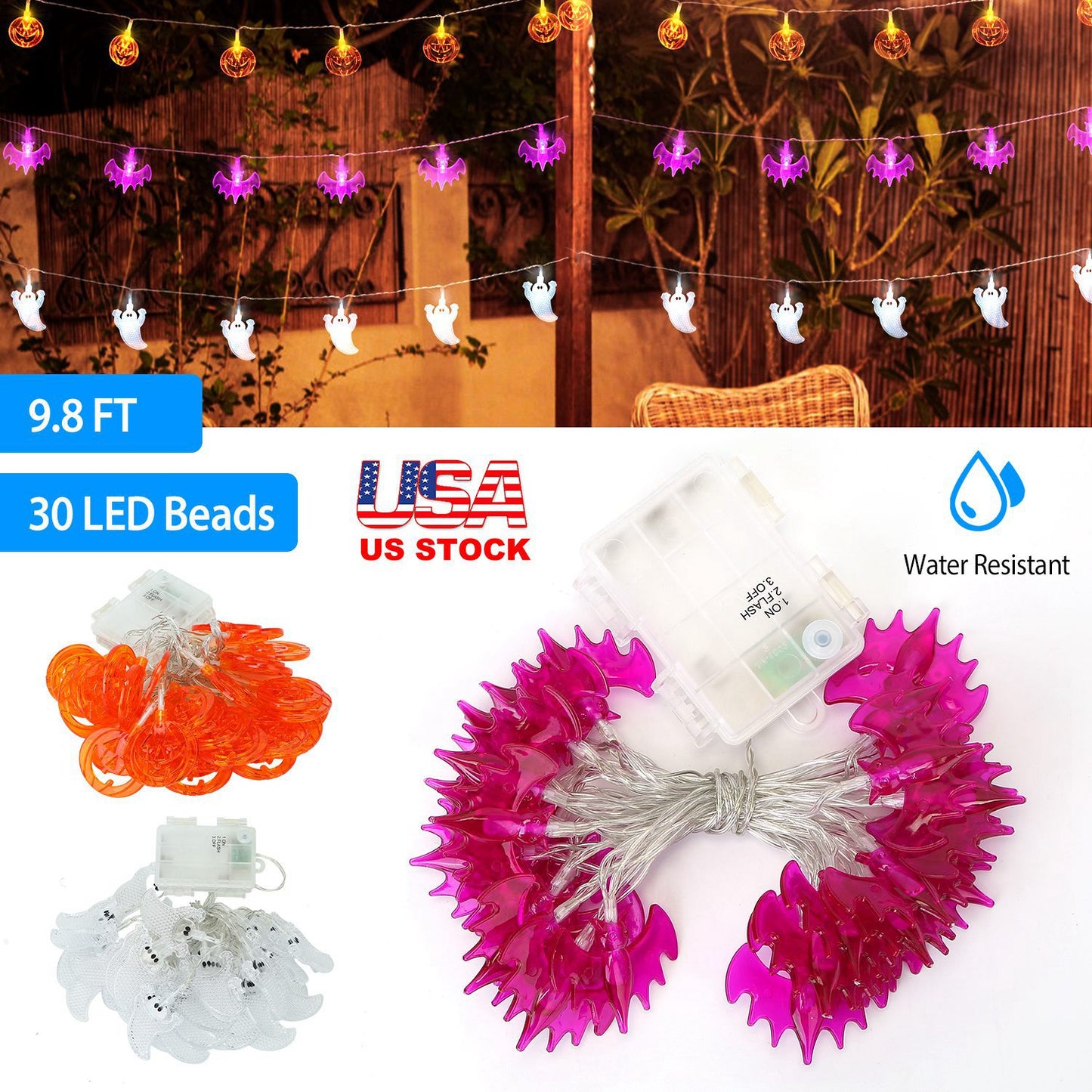 Halloween Ghost String Lights 30 LEDs 9.8ft Battery Powered
