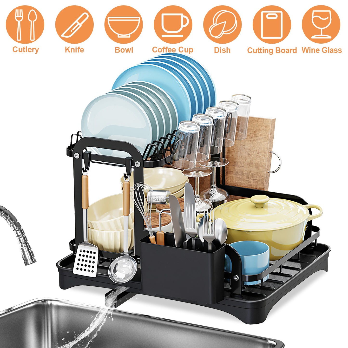 2-Tier Dish Drying Rack with Drainboard and Utensil Holder