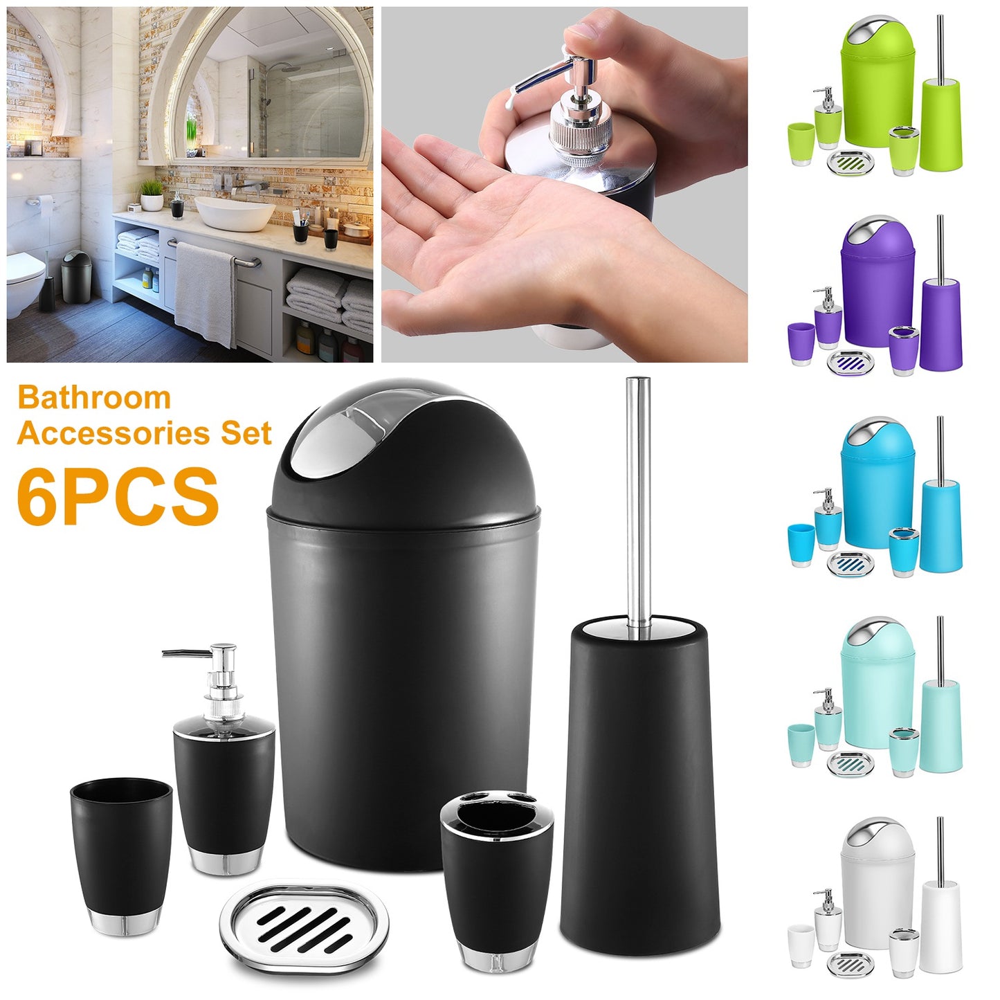 6-Piece Bathroom Accessories Set with Soap Dispenser & Brush