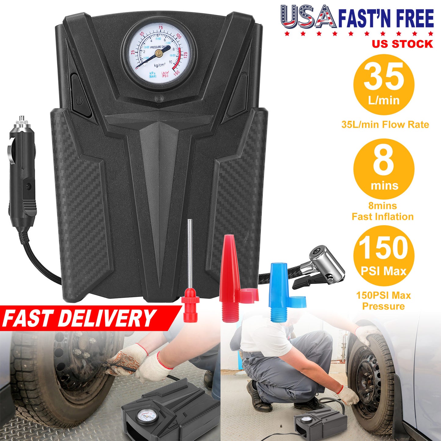 Portable Car Tire Air Compressor with Pointer Gauge 12V DC