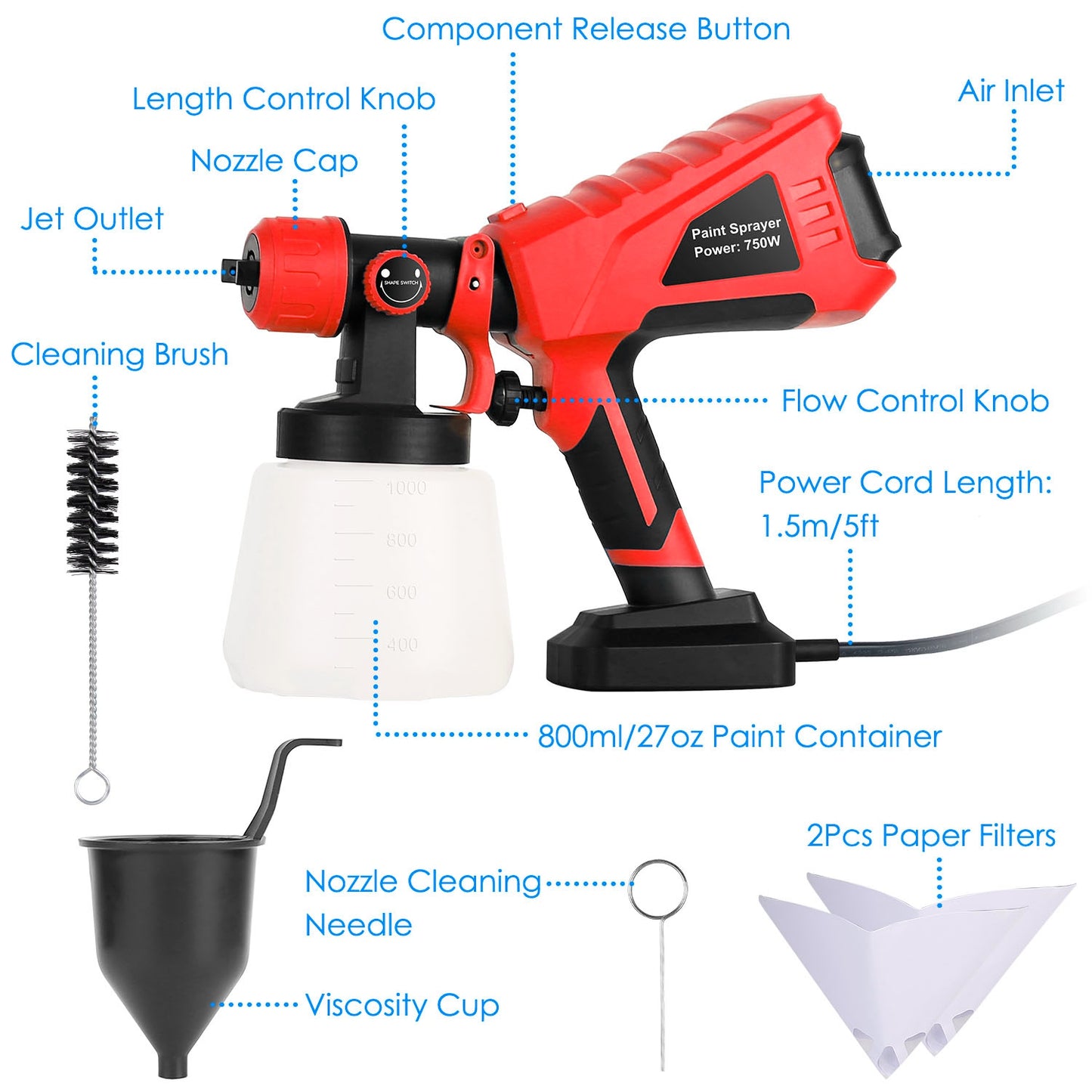 750W Electric Paint Sprayer with 3 Spray Patterns & 1000ML Cup