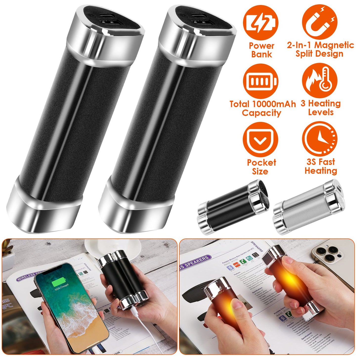 Magnetic Hand Warmers 2-Pack with 10000mAh Power Bank